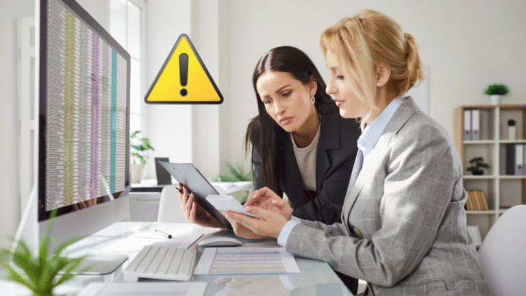 Kobiety siedzące przed komputerem, obok nich żółty znacznik co symbolizuje jakąś pułapkę