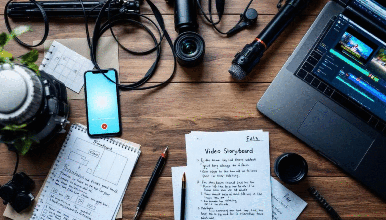 Stół a na nim kamera nagrywająca obraz, laptop, telefon oraz scenariusz do filmu