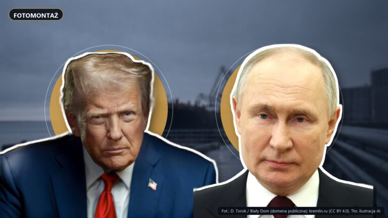 Fotomontaż: Donald Trump i Władimir Putin na tle tankowca w terminalu naftowym
