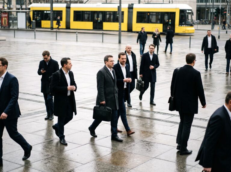 Ludzie biznesu w warszawskiej dzielnicy biurowej
