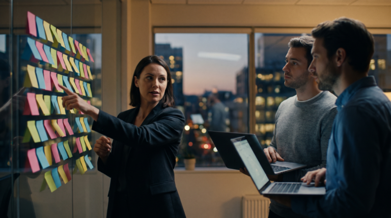 Zespół marketingu przy szklanej ścianie z karteczkami planuje ścieżkę klienta