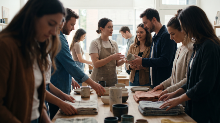 Klienci oglądają ceramikę i tkaniny w stacjonarnym concept store