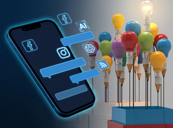 telefon z włączonymi social mediami, w tle balony i żarówka