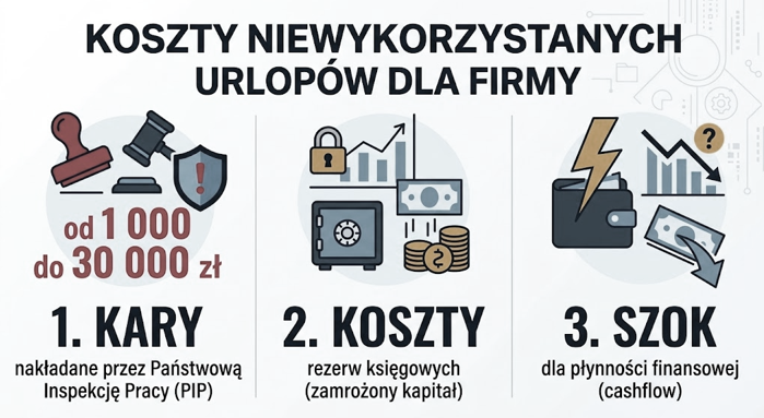 Koszty niewykorzystanych urlopów dla firmy – kary PIP, koszty rezerw księgowych, szok dla płynności finansowej