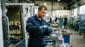 Operator w małym zakładzie metalowym mierzy suwmiarką detal przy obrabiarce CNC