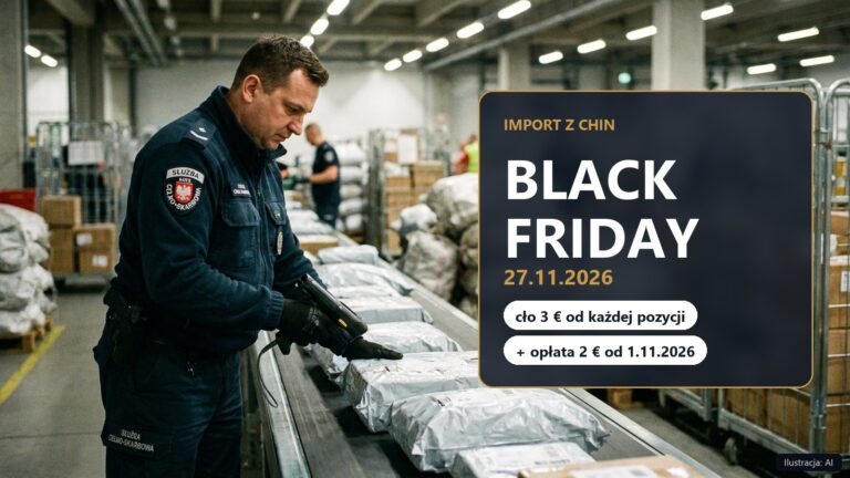 Celnik skanuje paczki z Chin w sortowni, obok napis Black Friday 27.11.2026, cło 3 euro od każdej pozycji i opłata 2 euro od 1.11.2026