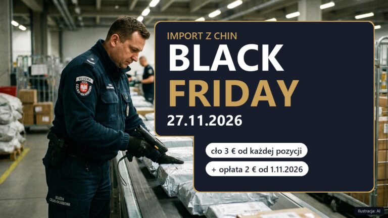 Funkcjonariusz Służby Celno-Skarbowej skanuje paczki z Chin na taśmie sortowni, napis Black Friday 27.11.2026